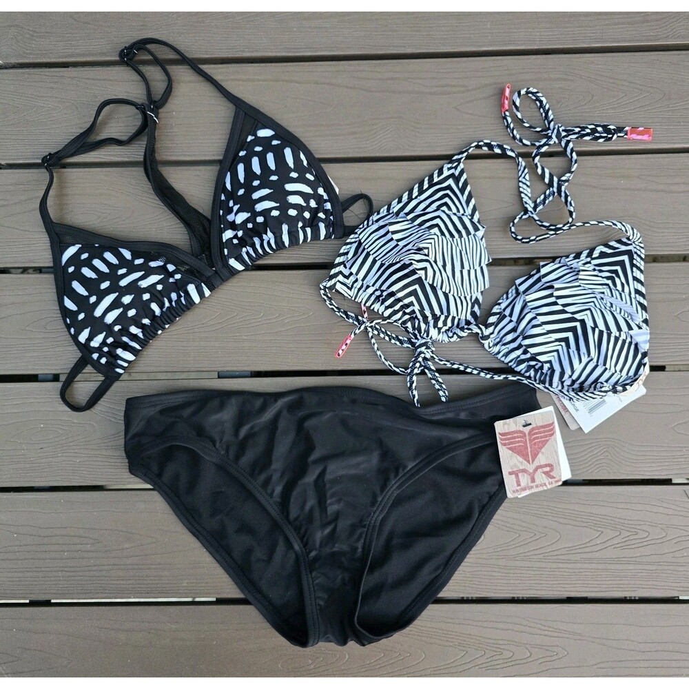 TYR Women's Mix & Match Black/white Triangle Top & Solid Bikini Set Sz L New